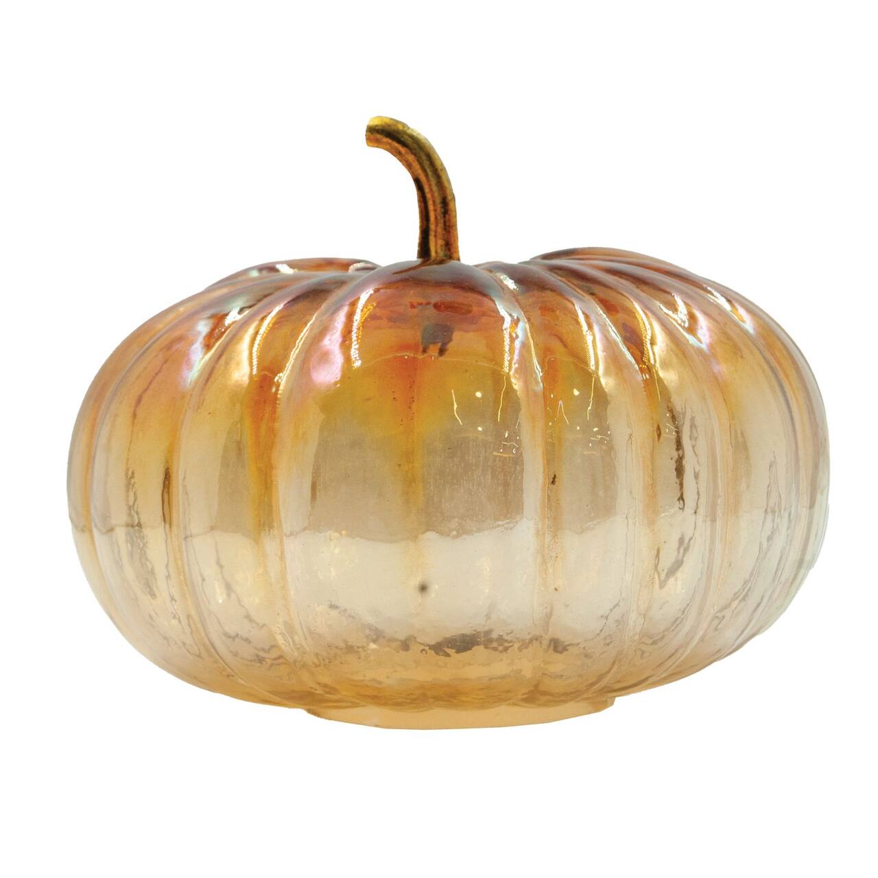 Hello Honey® Glass Pumpkin with Brass Stem, Iridescent Finish, Amber Color